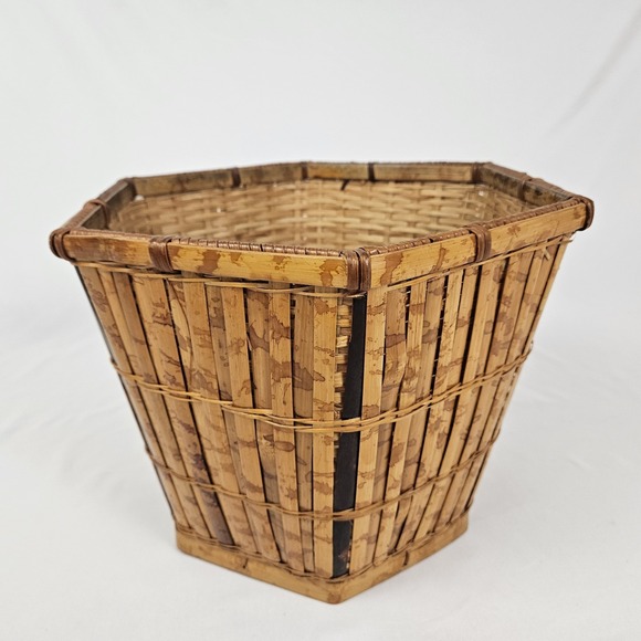 Other - Vintage Tortoiseshell Bamboo Basket Planter Wastepaper Trash Can Boho MCM Rattan